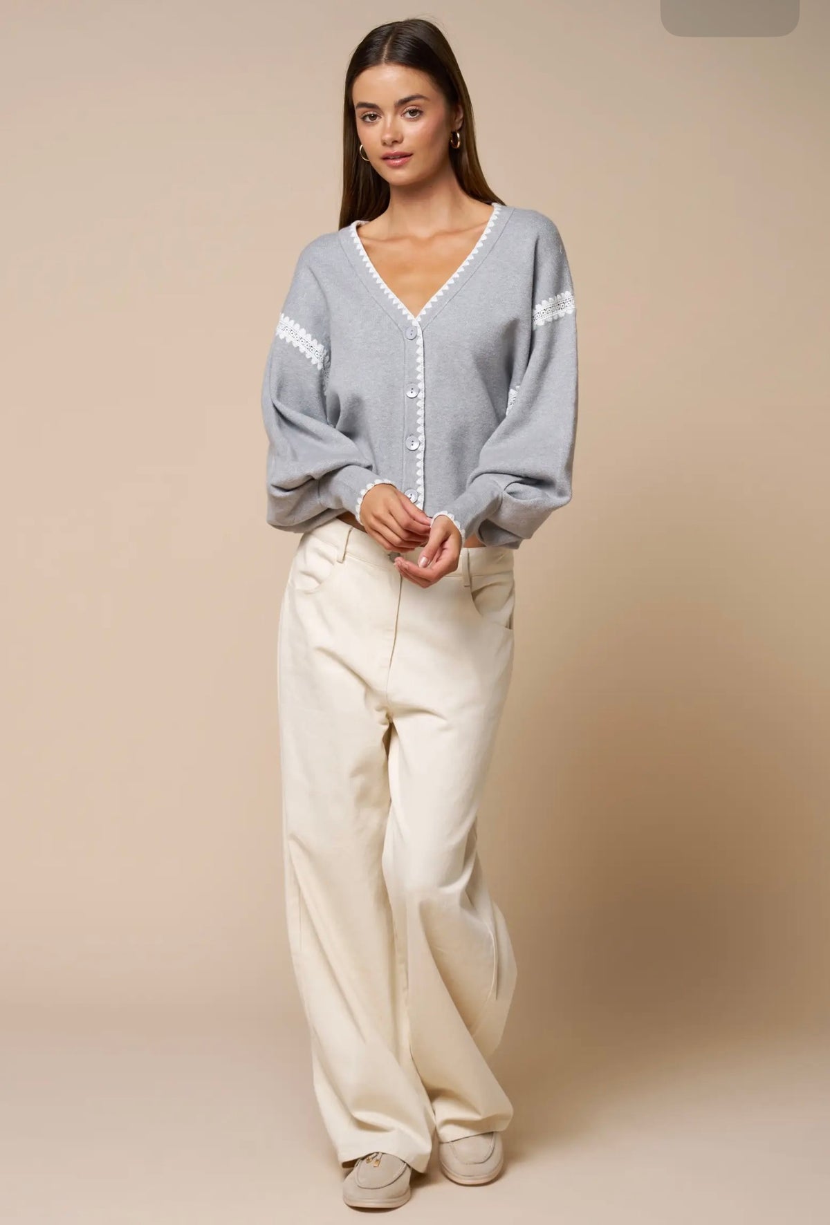 Lace Trim Cropped Cardigan - Heather Grey