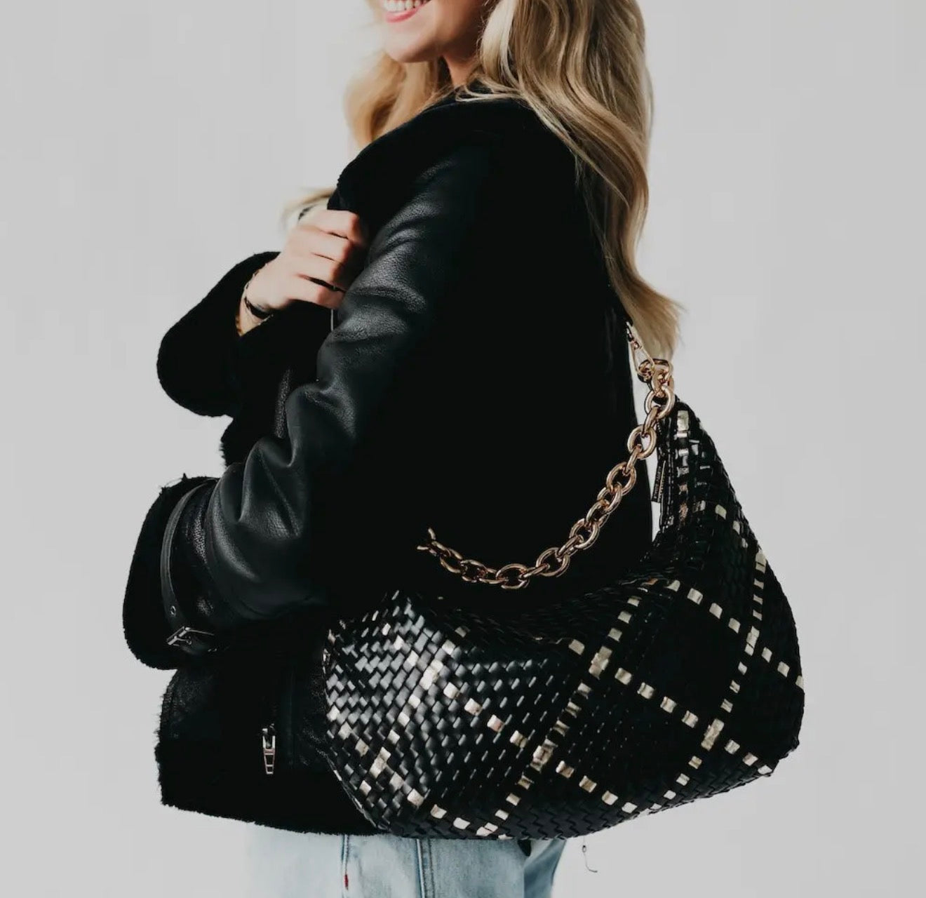 Slouchy Woven Shoulder Bag with Chain