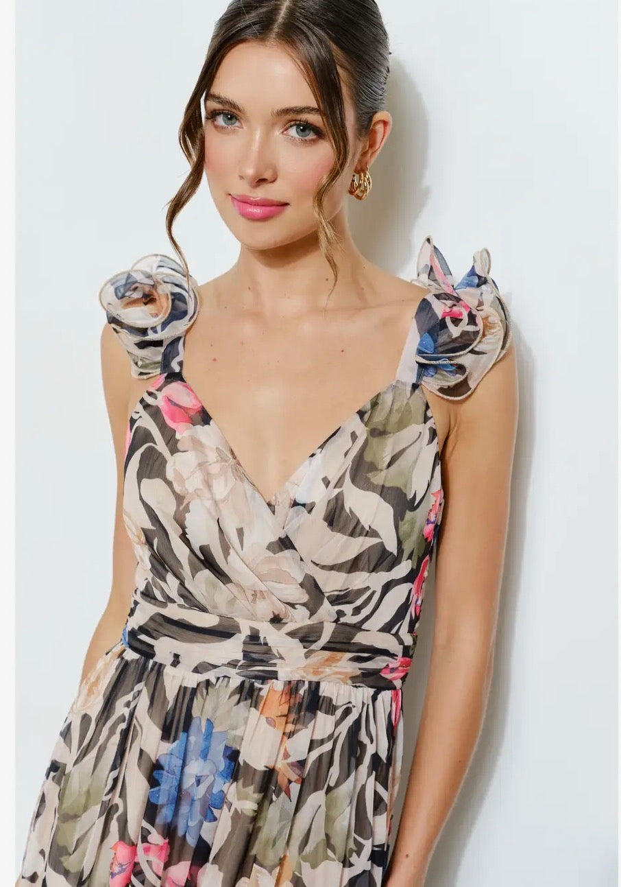 Ruffled Shoulder Floral Chiffon Tiered Maxi Dress