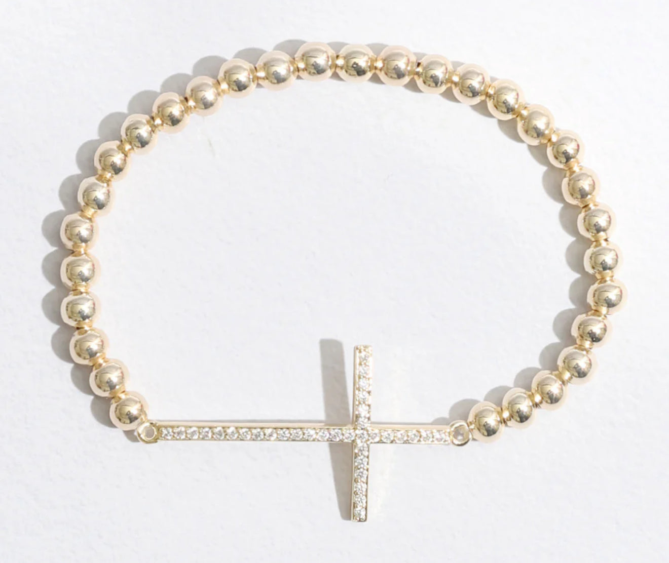 Cubic Zirconia Pave Cross Beaded Gold Tone Bracelet