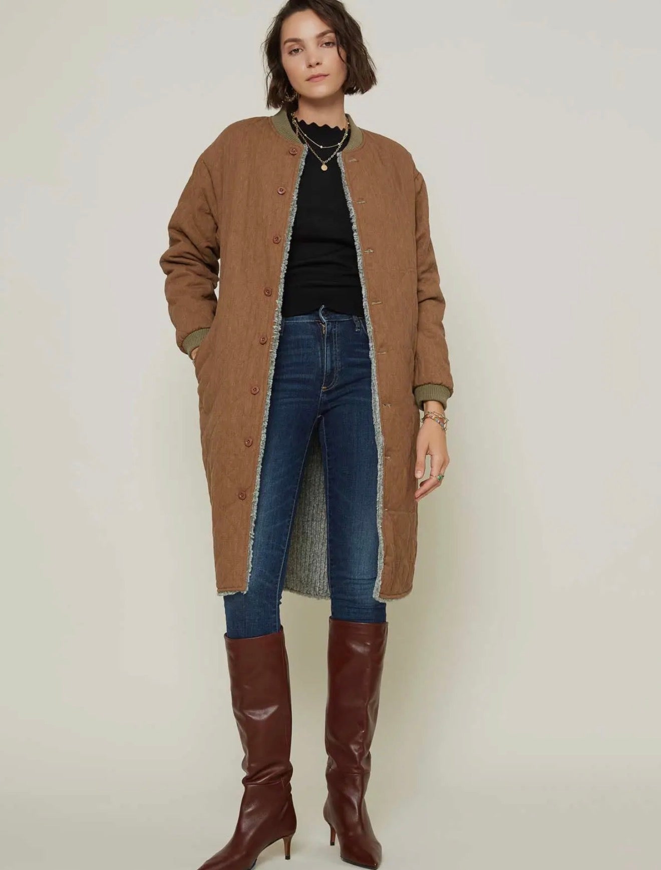 Reversible Faux Shearling To Brown Quilted Jacket