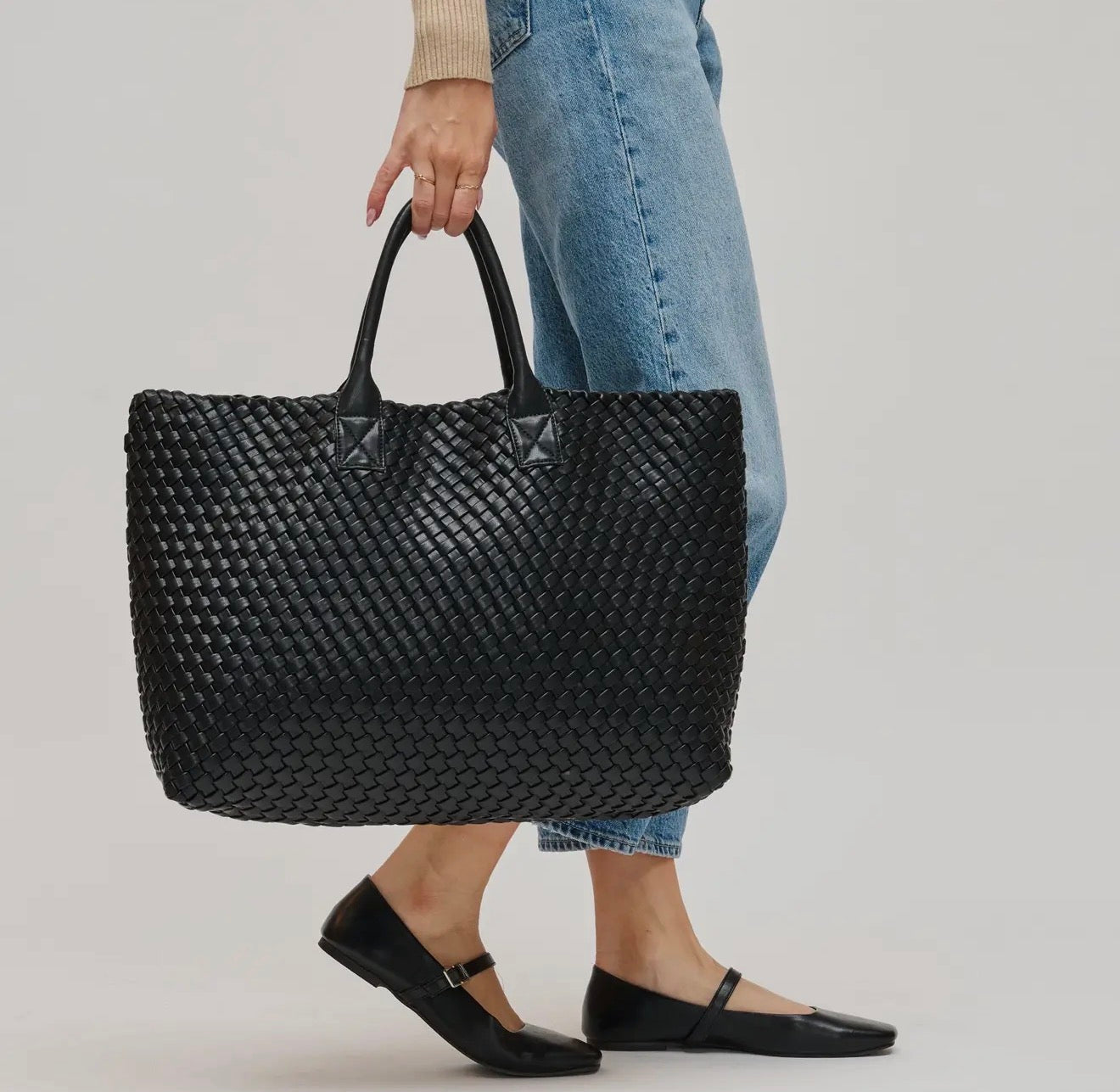 Woven Vegan Leather Tote - Black