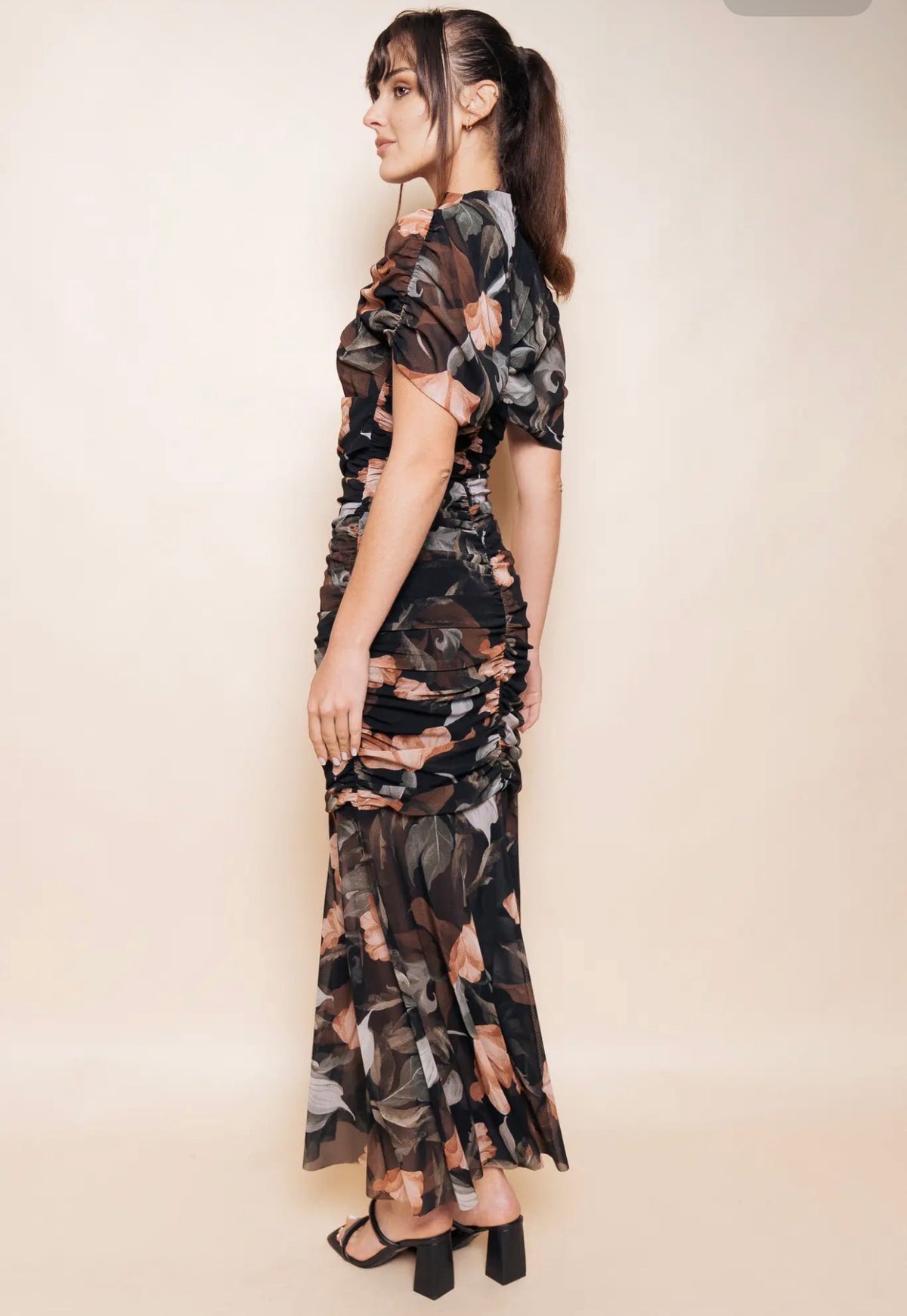 Cape Ruched Fit and Flare Maxi Dress