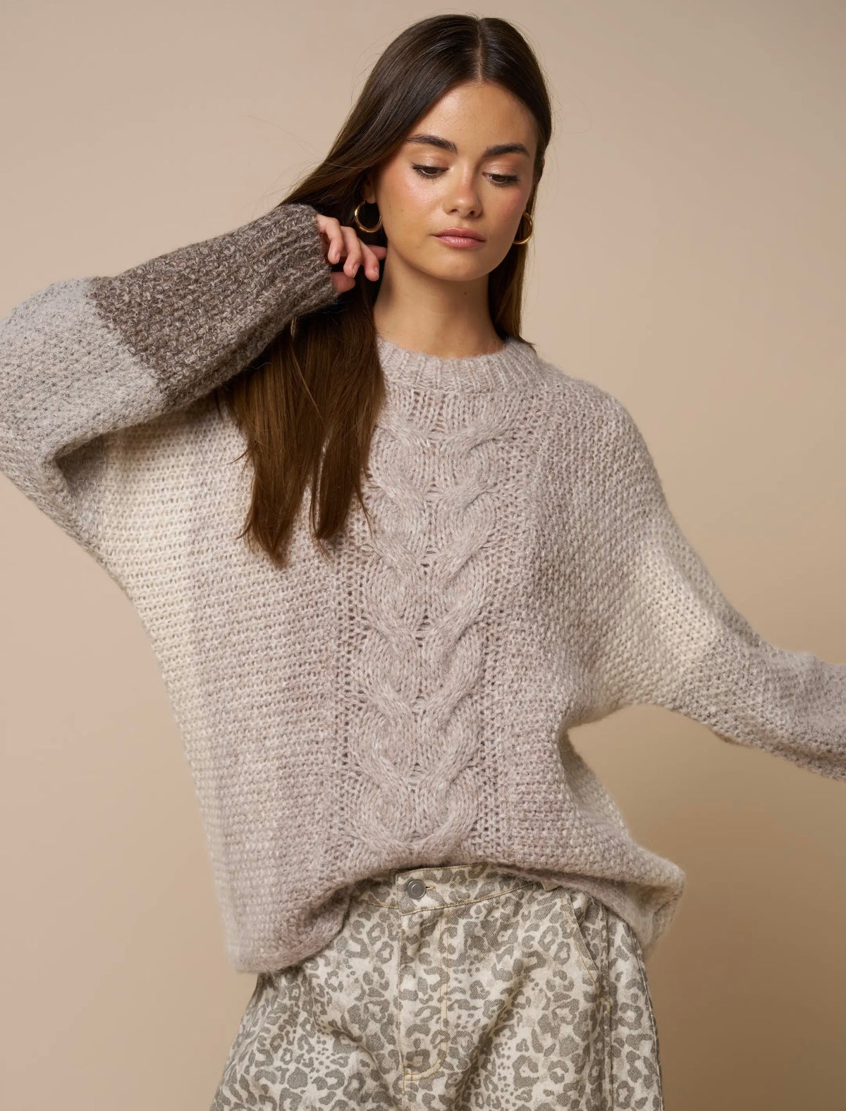 Color Block Cable Knit Sweater - Taupe