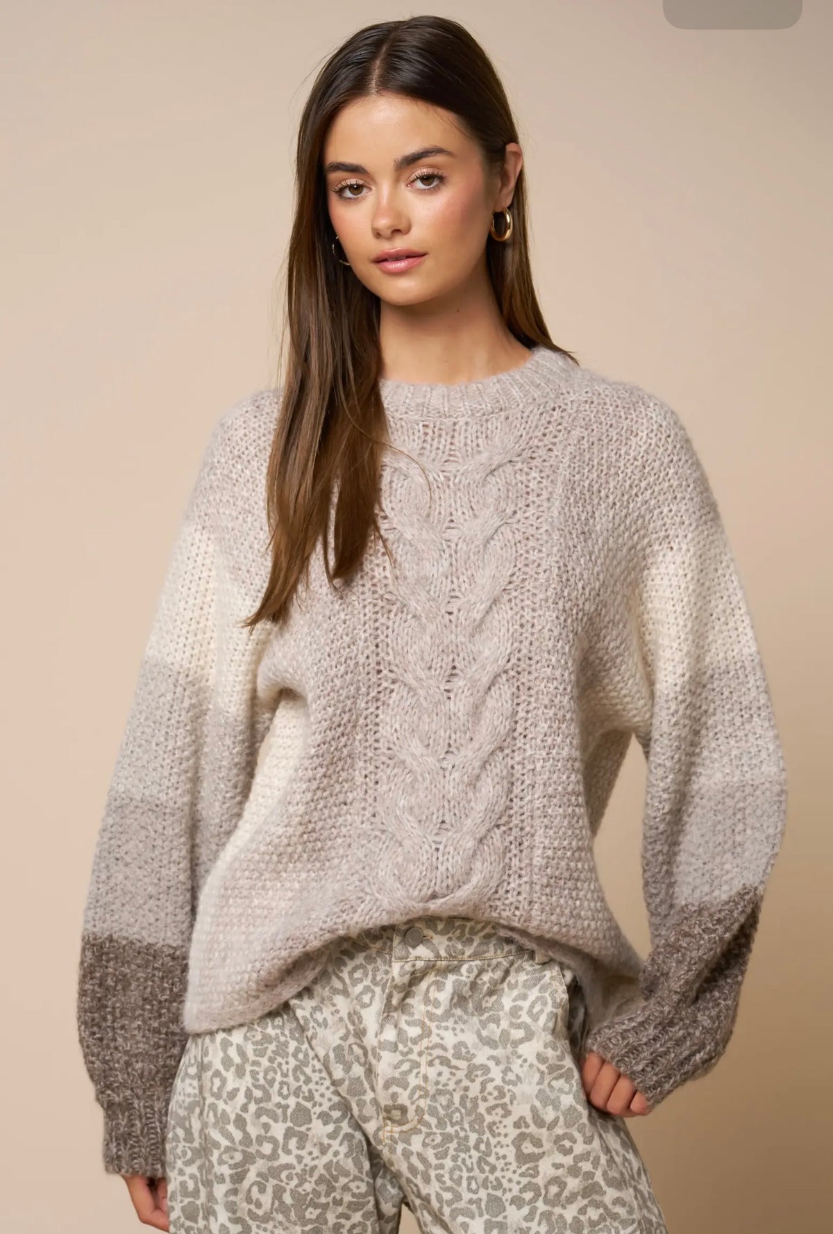 Color Block Cable Knit Sweater - Taupe