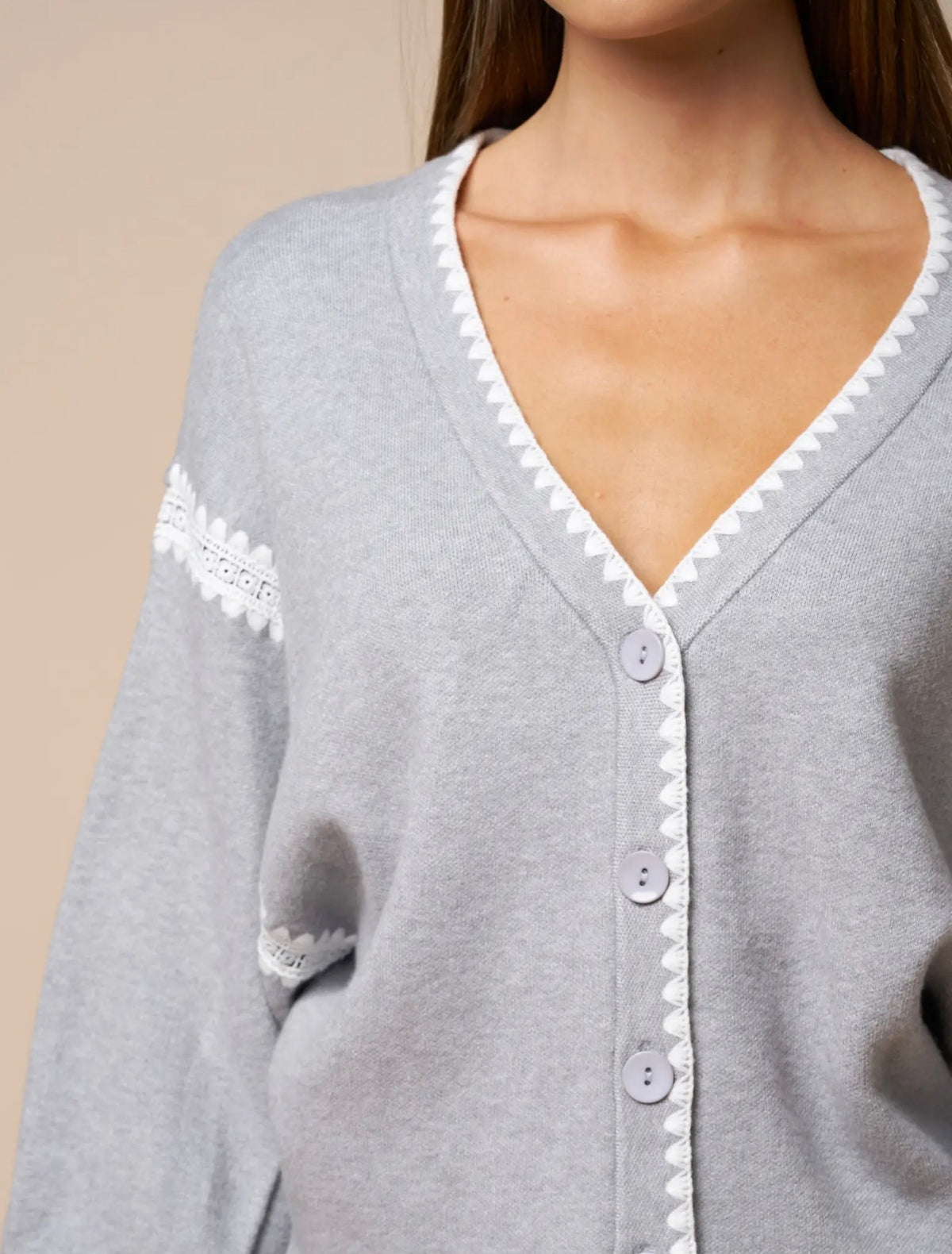 Lace Trim Cropped Cardigan - Heather Grey