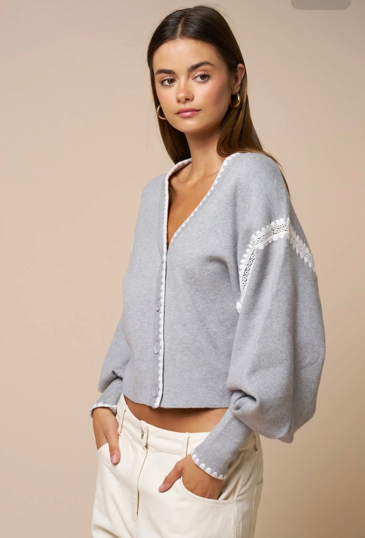 Lace Trim Cropped Cardigan - Heather Grey