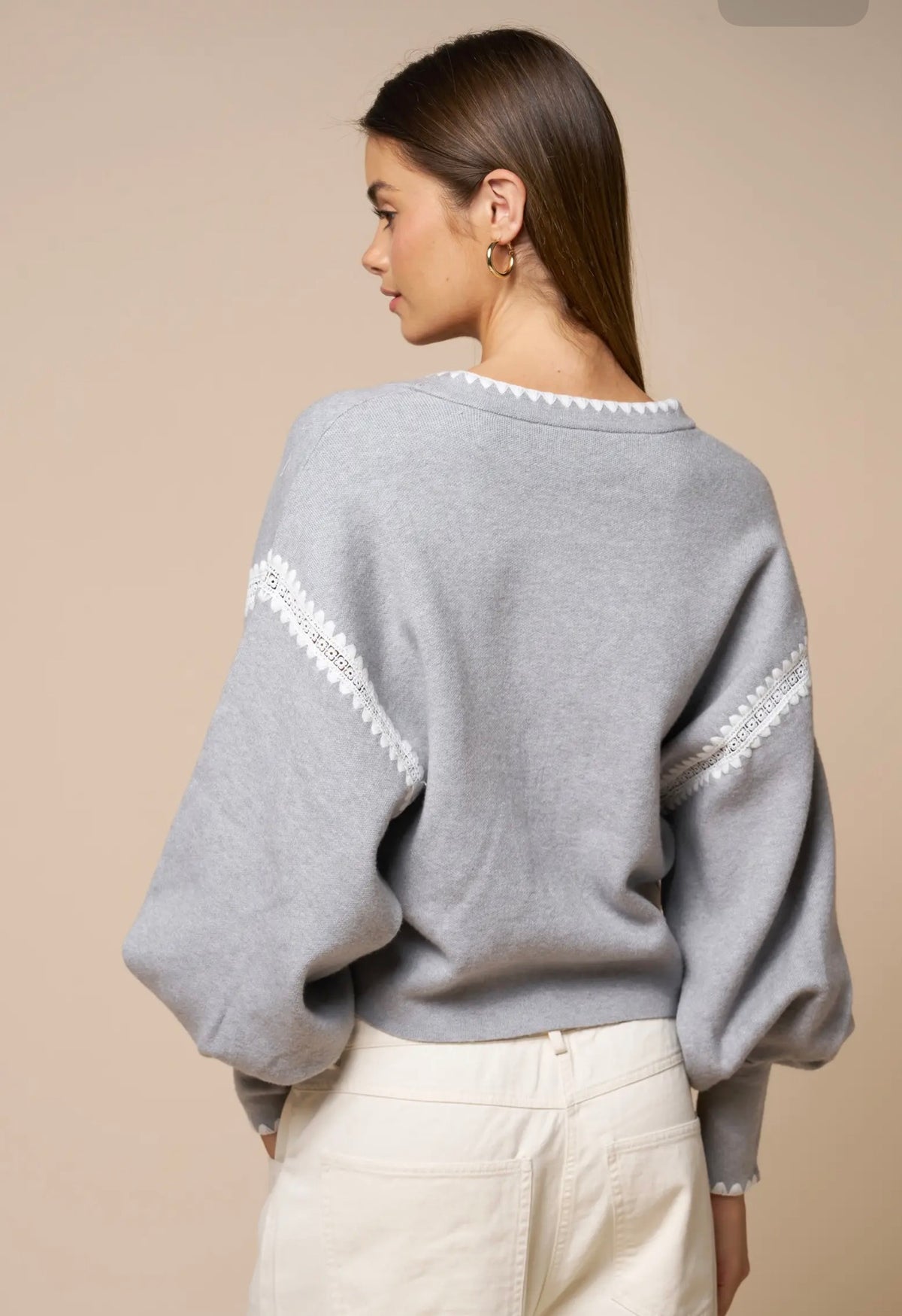 Lace Trim Cropped Cardigan - Heather Grey