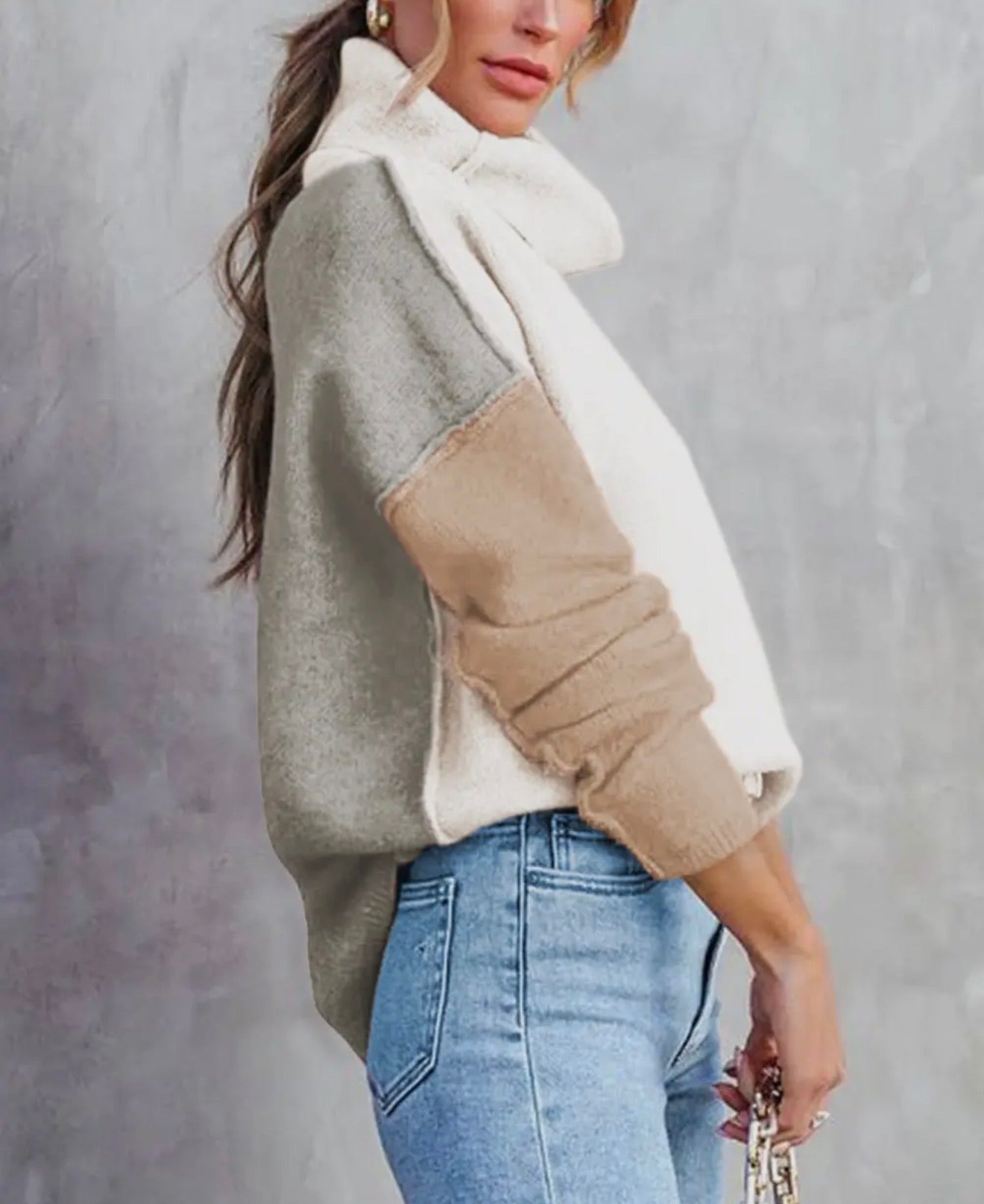 Khaki Color Block Turtle Neck Drop Shoulder Sweater