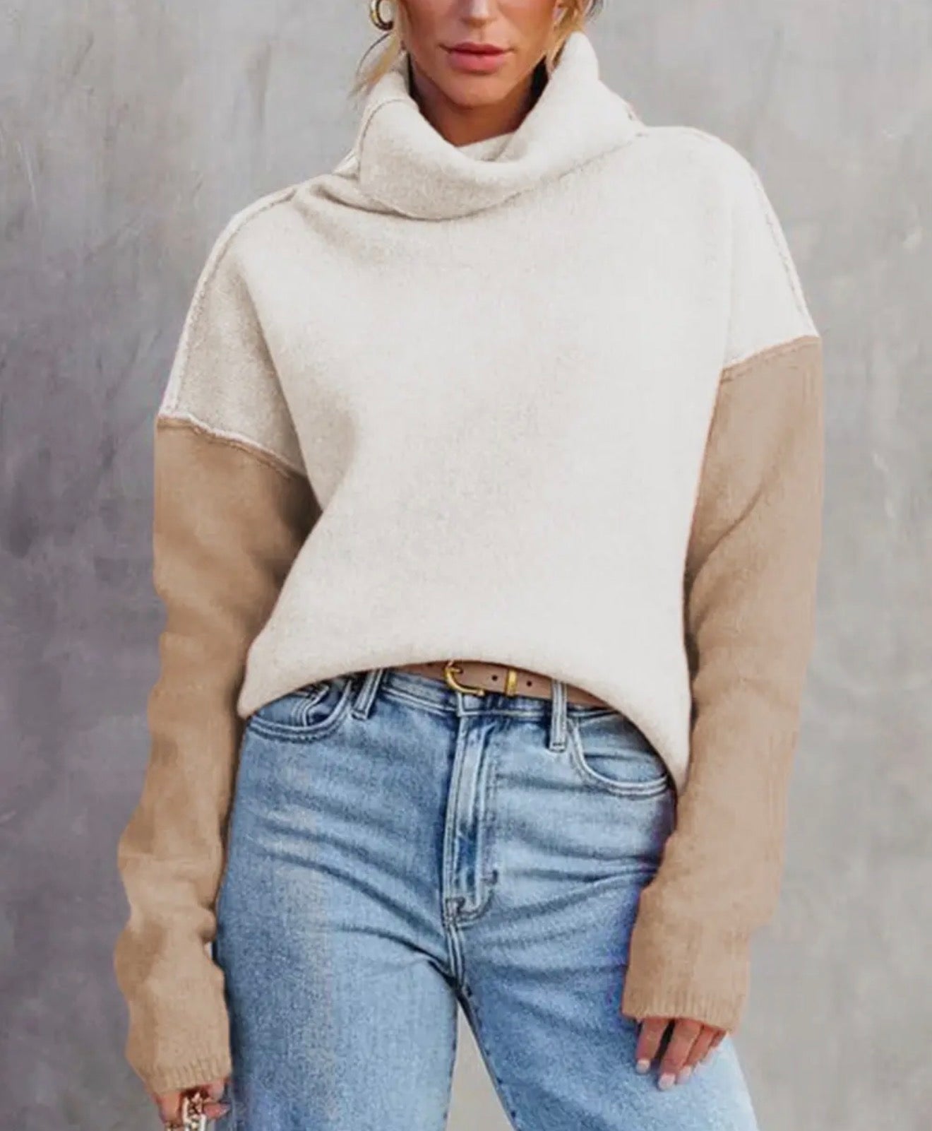 Khaki Color Block Turtle Neck Drop Shoulder Sweater