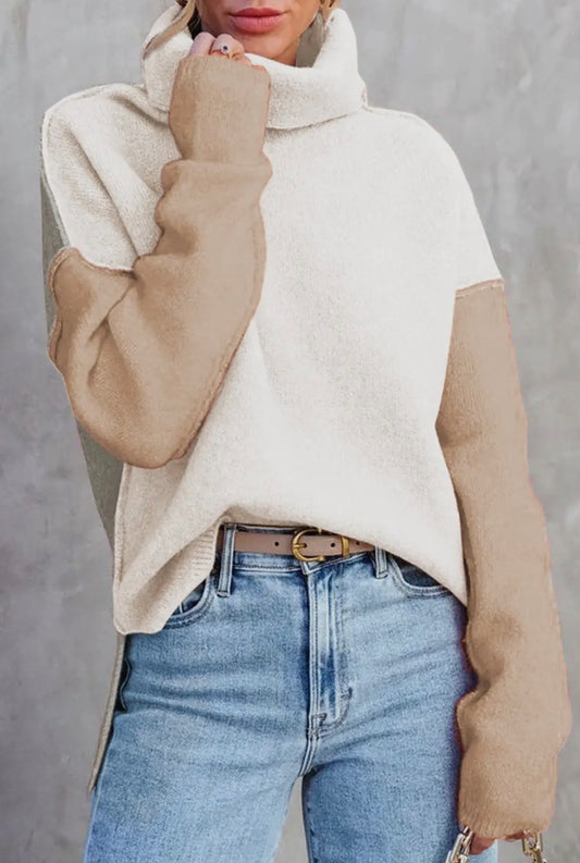 Khaki Color Block Turtle Neck Drop Shoulder Sweater