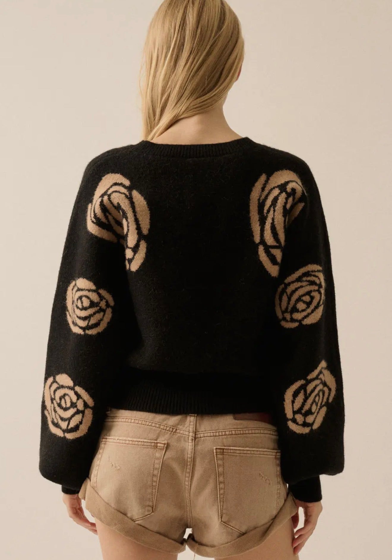 Roses Felt-Knit Round Neck Sweater