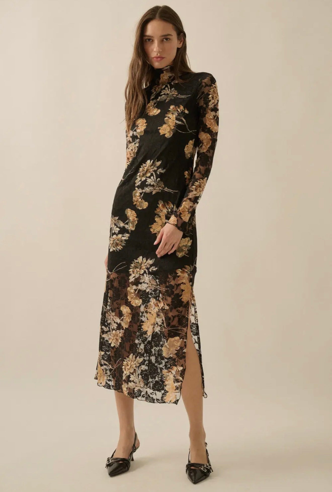 Floral Lace Long Sleeve Mock Neck Midi Dress
