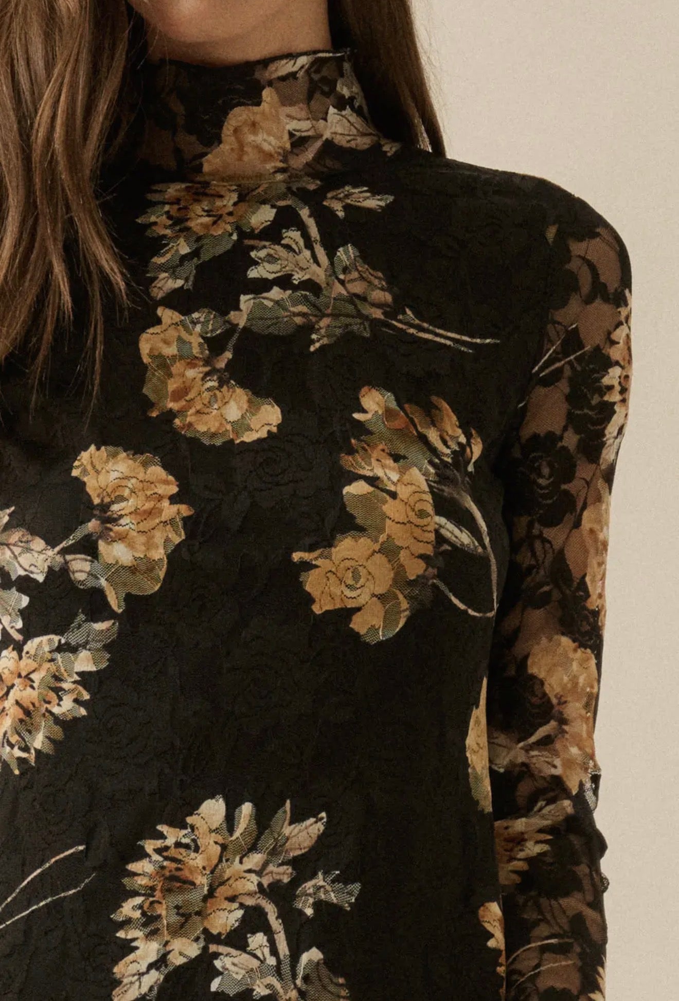 Floral Lace Long Sleeve Mock Neck Midi Dress