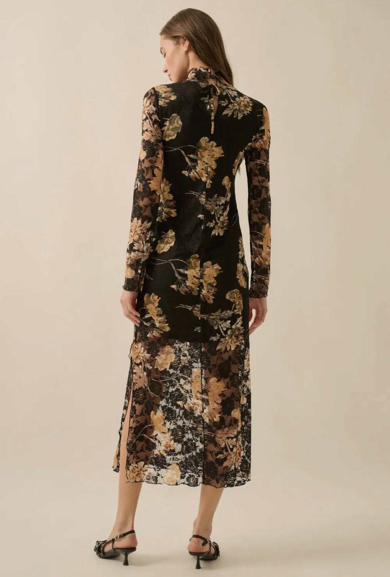 Floral Lace Long Sleeve Mock Neck Midi Dress