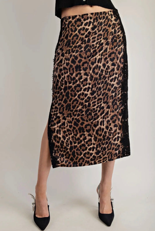 Leopard Lace Trim Midi Skirt