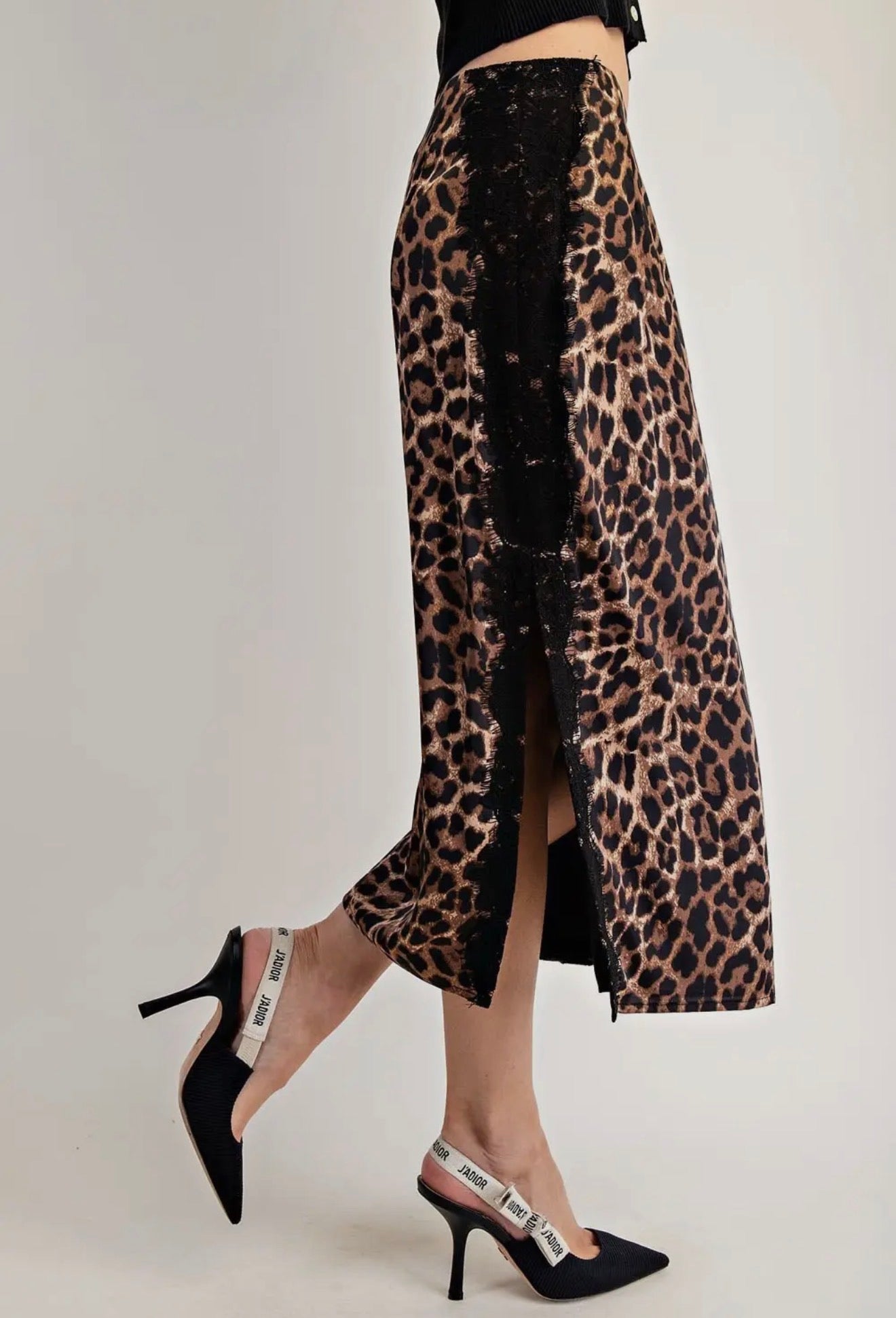 Leopard Lace Trim Midi Skirt