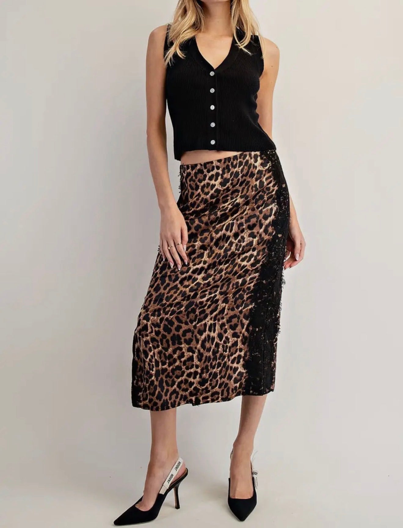 Leopard Lace Trim Midi Skirt