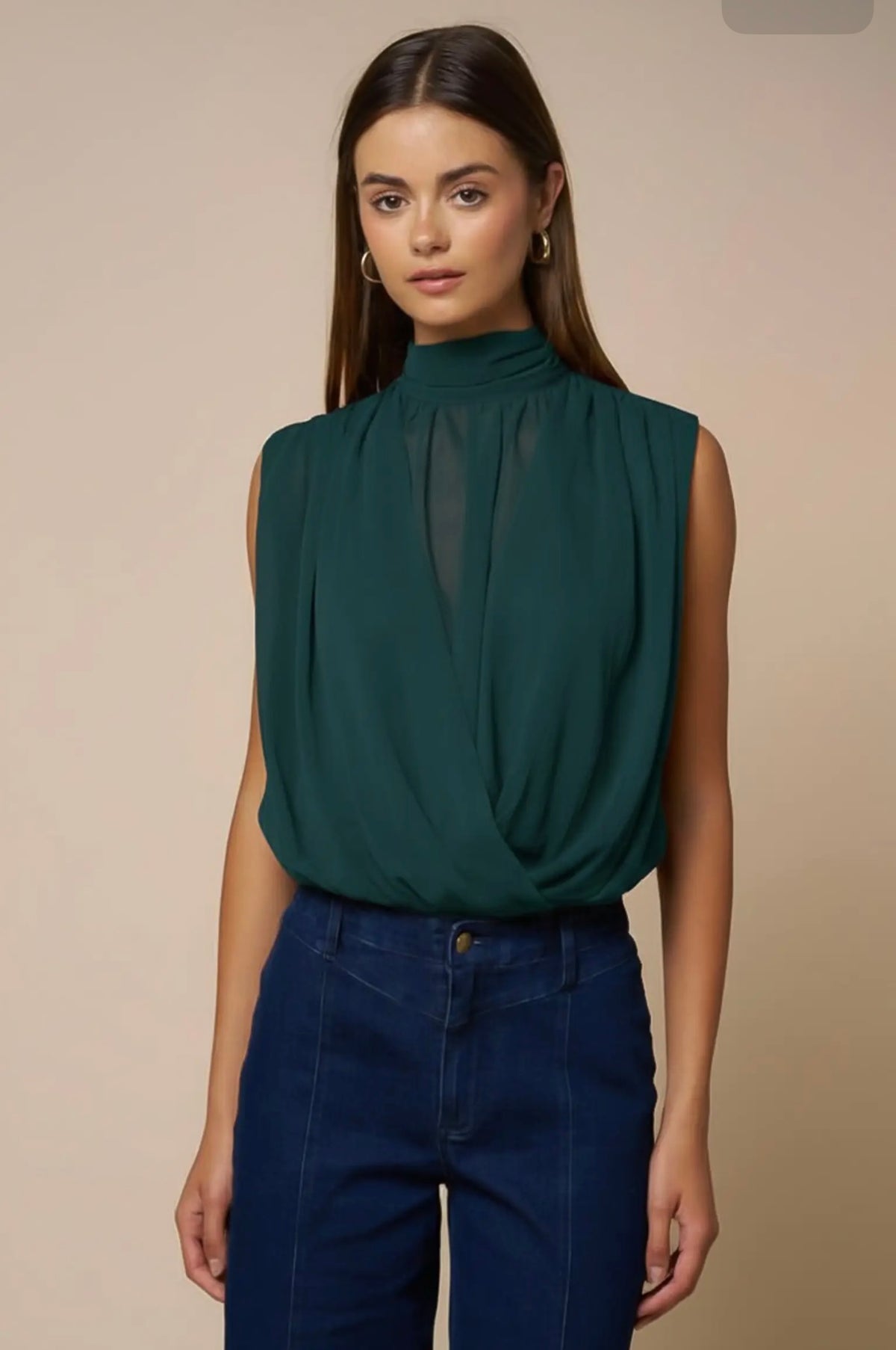 Draped Chiffon Mock Neck Sleeveless Top - Teal