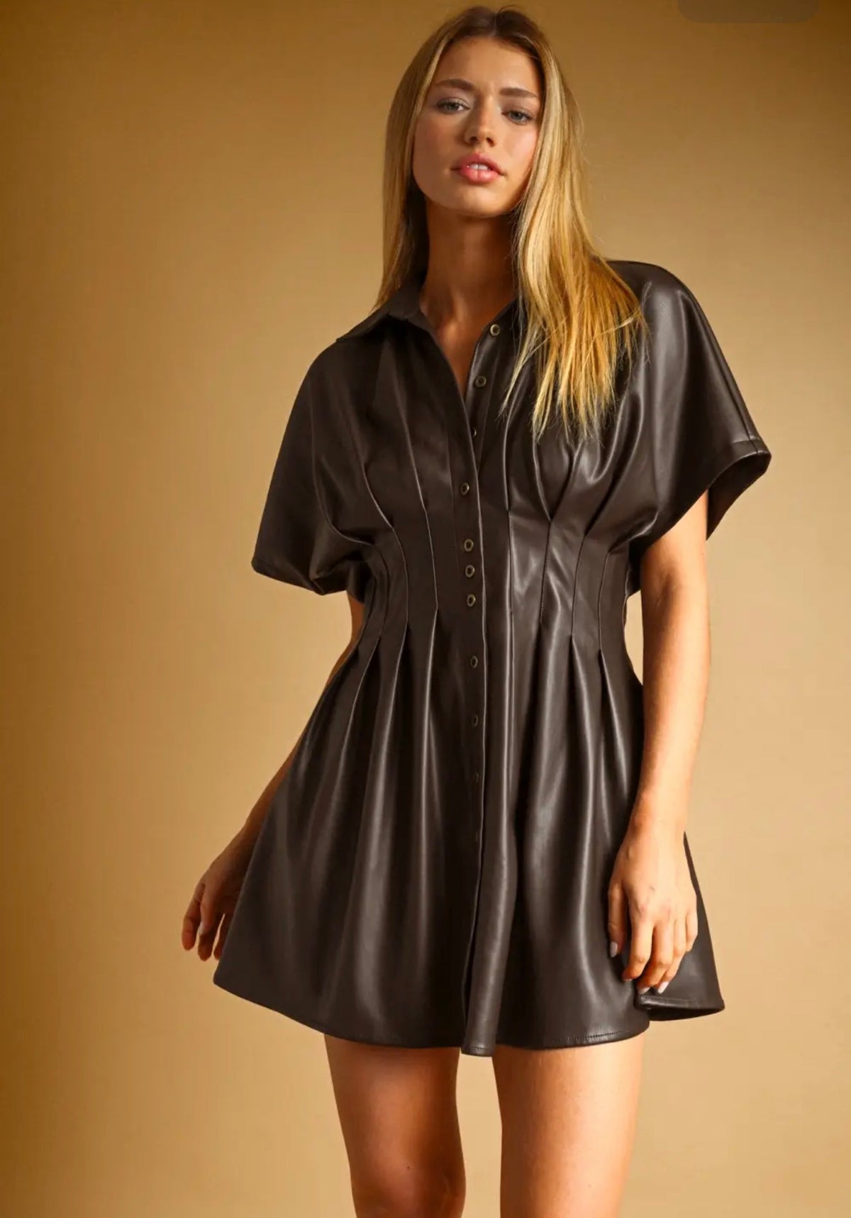 PU Button Front Shirt Dress - Black