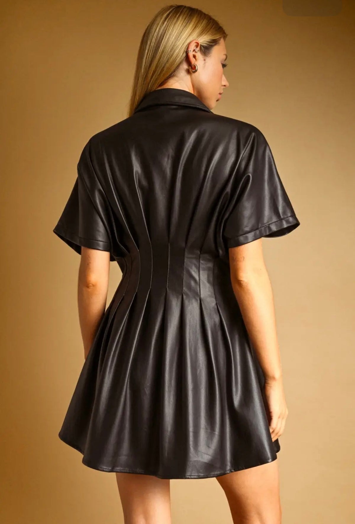 PU Button Front Shirt Dress - Black