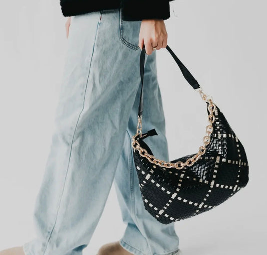 Slouchy Woven Shoulder Bag with Chain