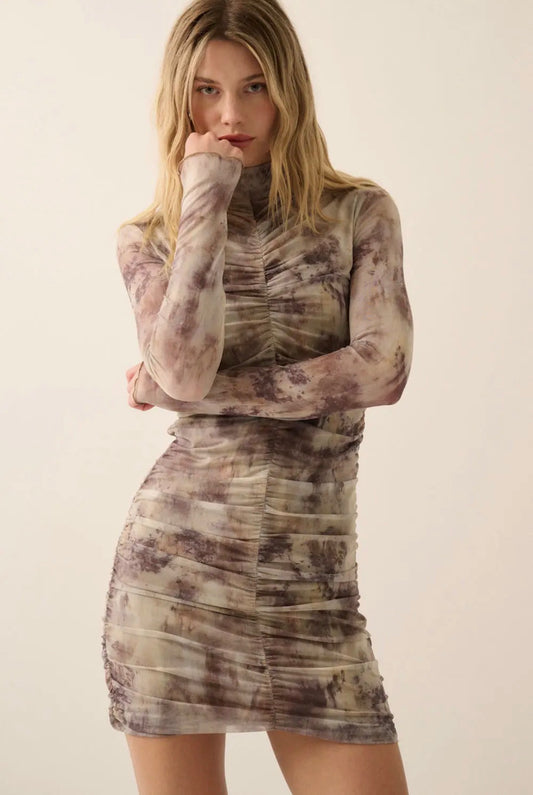 Abstract Print Ruched High Neck Mini Dress