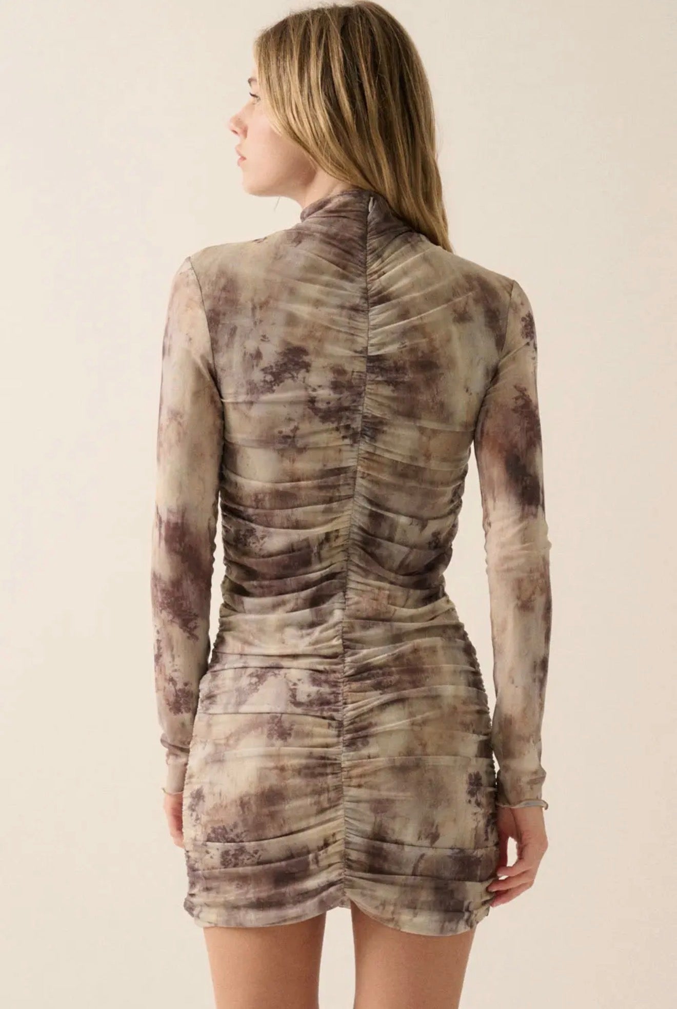 Abstract Print Ruched High Neck Mini Dress