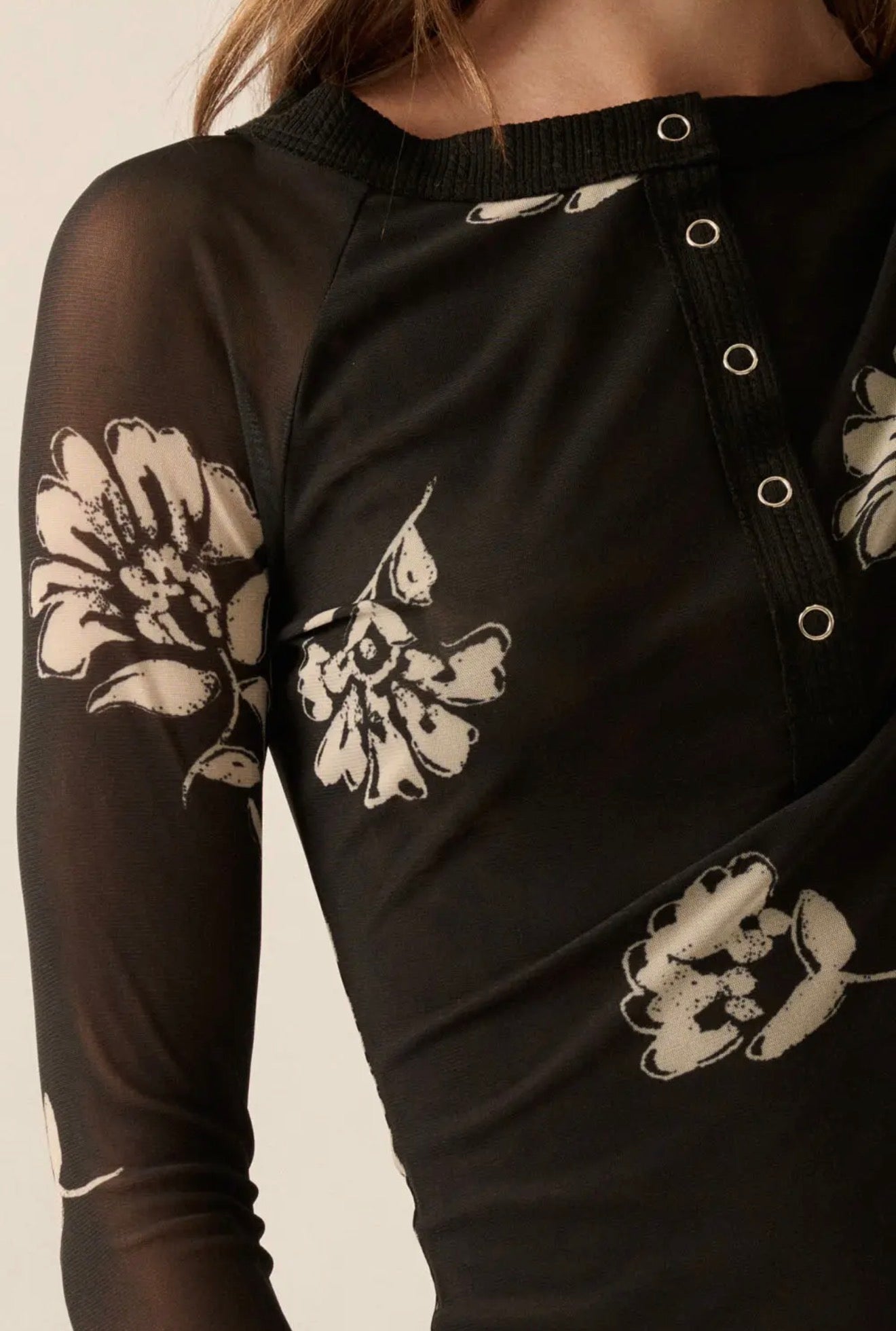 Floral Print Mesh Raglan Sleeve Henley Top