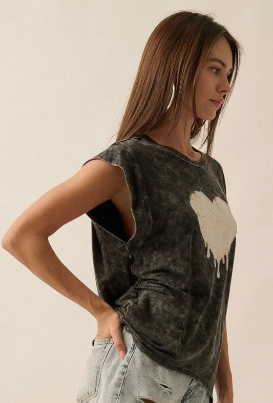 Melted Heart Vintage Wash Graphic Tee -Charcoal