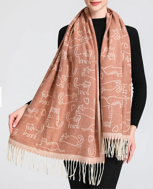 Reversible Cat Print Cashmere Feel Shawl - Coral
