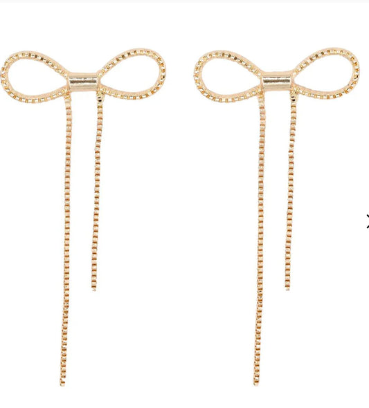 Ribbon Bow with Long Rhinestone Drop Post Earrings