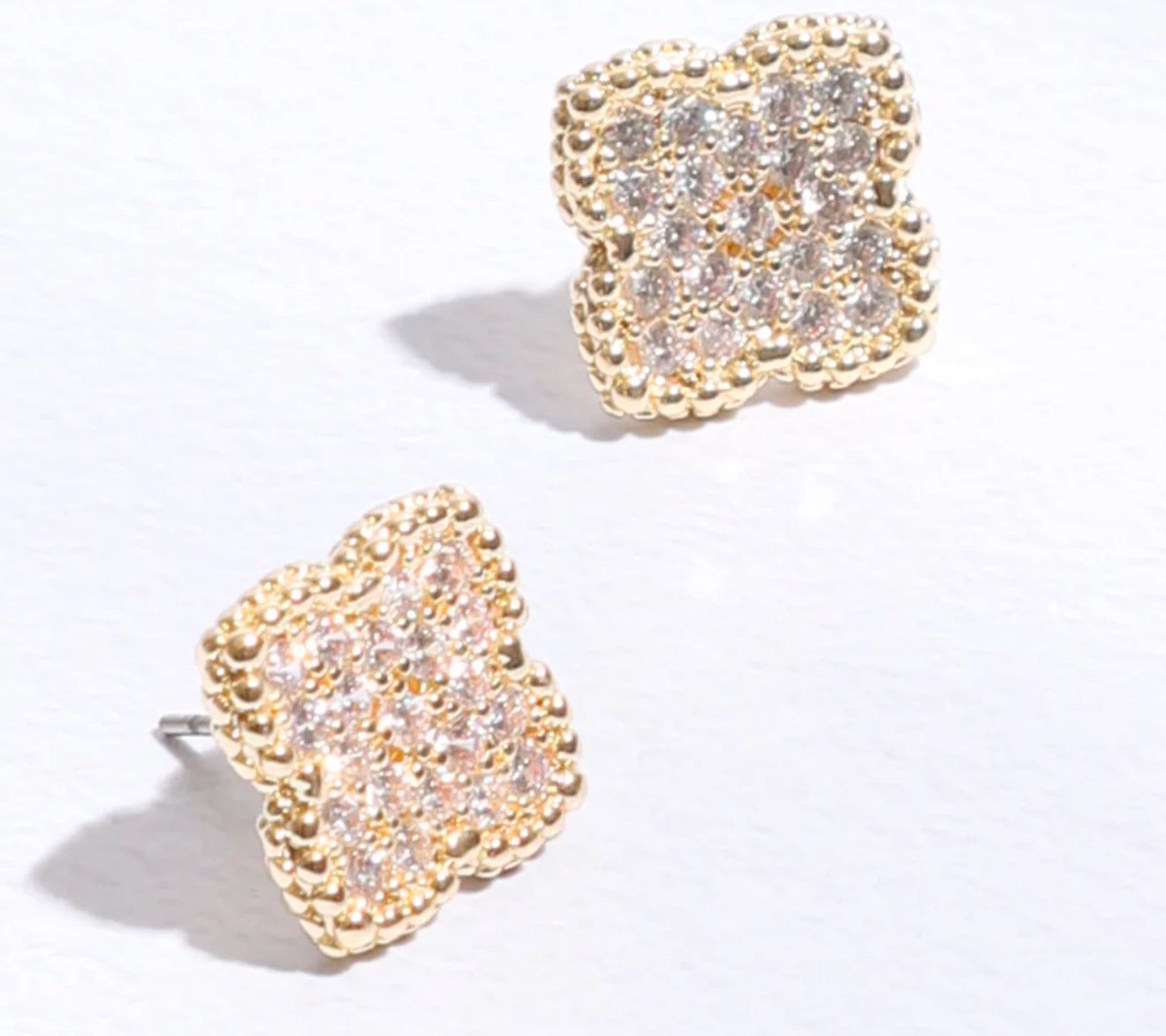 Pave 15MM Clover Gold Post Earrings