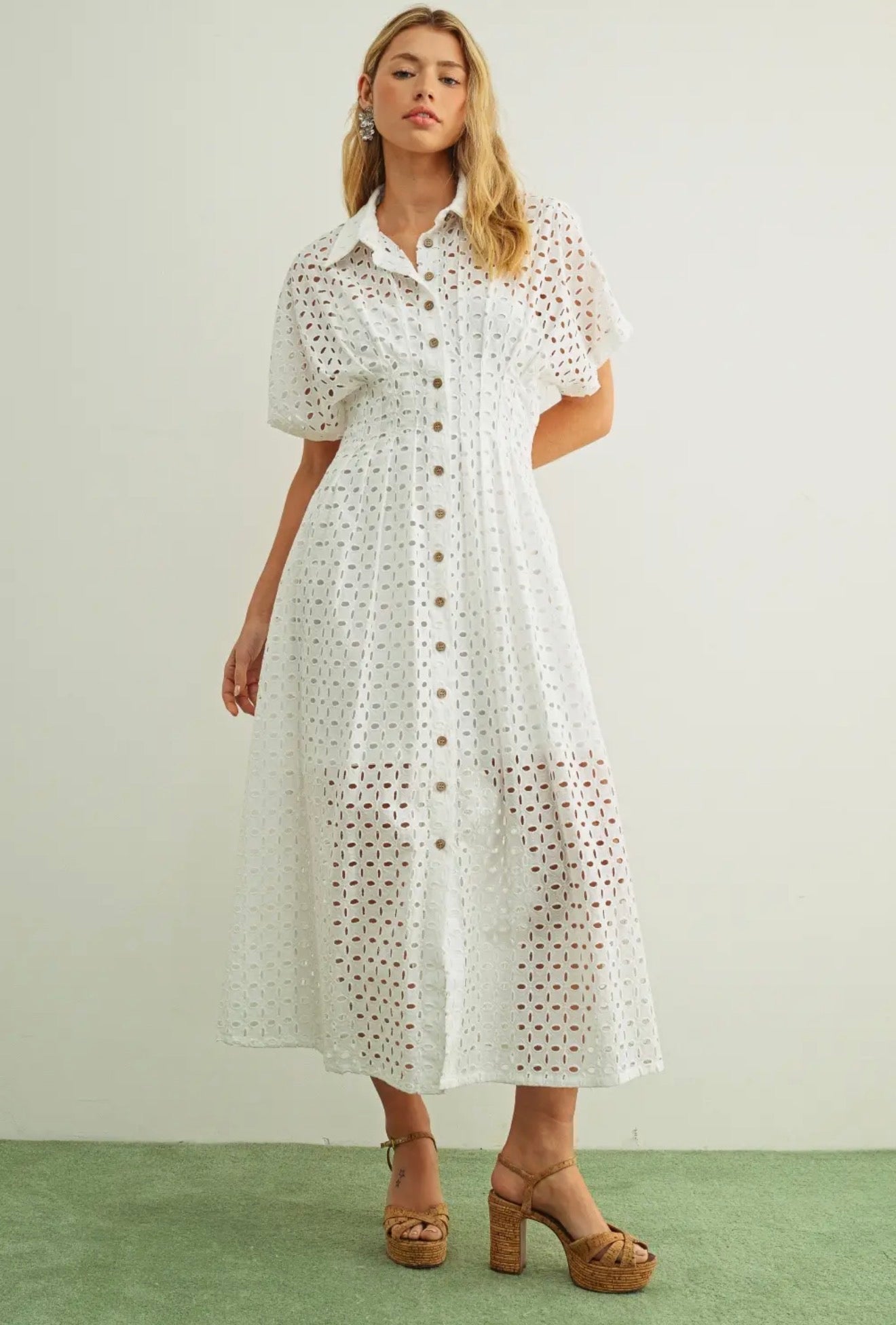 Eyelet Fabric Button Front Shirt Dress in White – The Fitting Room on Main