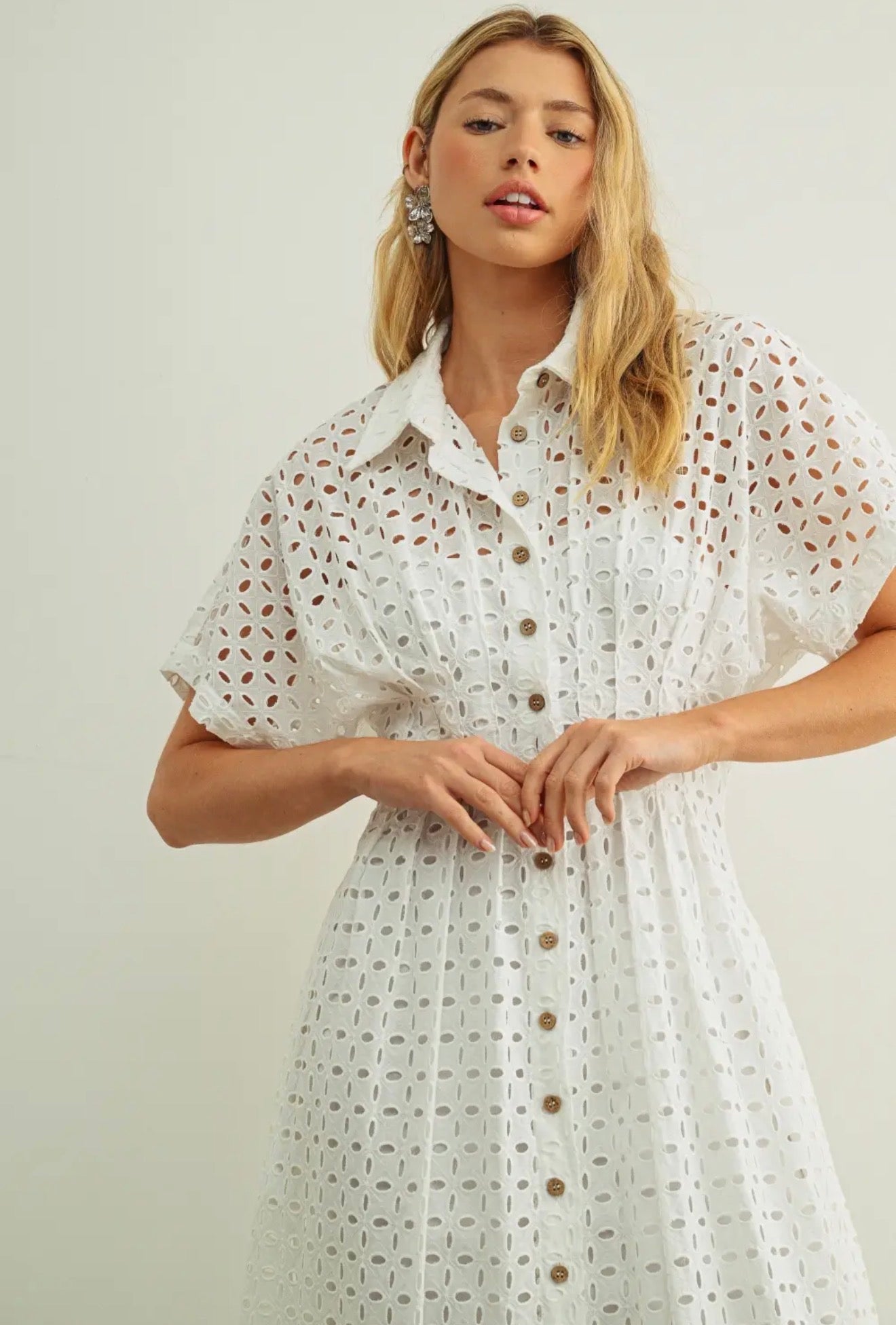 Eyelet Fabric Button Front Shirt Dress in White