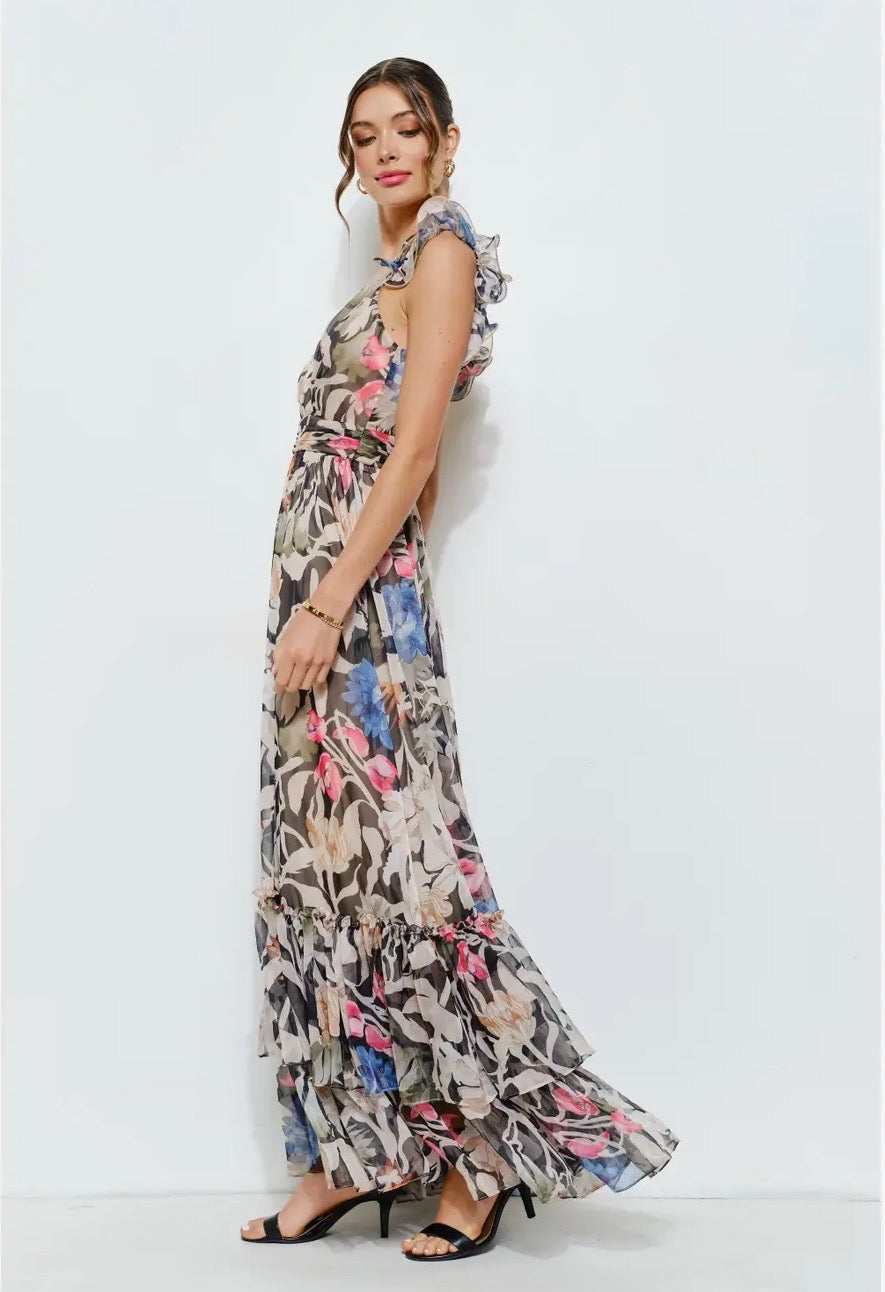 Ruffled Shoulder Floral Chiffon Tiered Maxi Dress