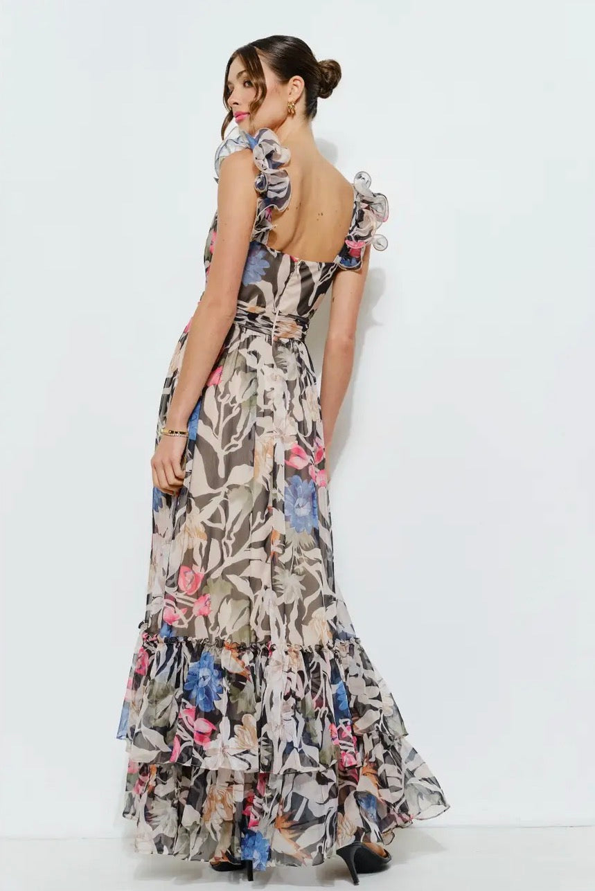 Ruffled Shoulder Floral Chiffon Tiered Maxi Dress