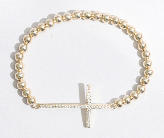 Cubic Zirconia Pave Cross Beaded Gold Tone Bracelet