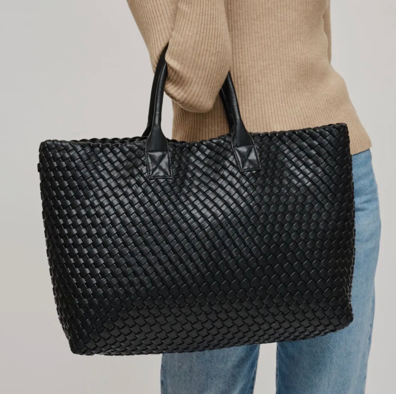 Woven Vegan Leather Tote - Black