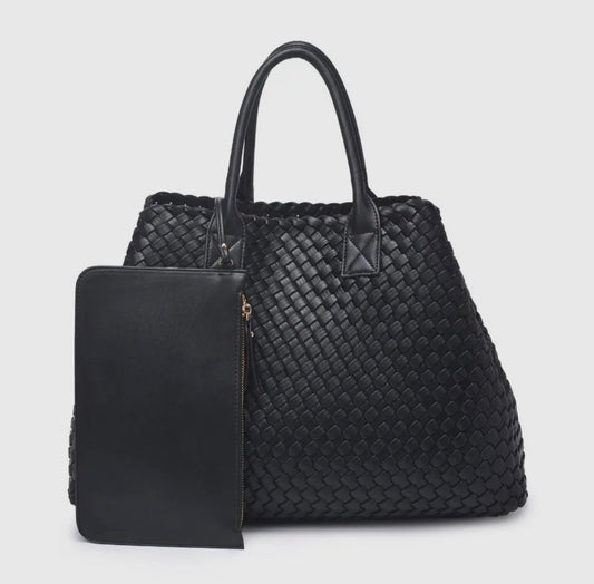 Woven Vegan Leather Tote - Black
