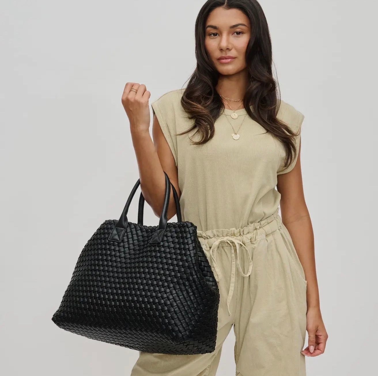 Woven Vegan Leather Tote - Black